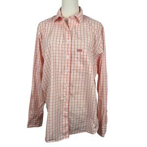 Faconnable Womens XL Orange & White Plaid Button-Up Shirt Cotton Made In USA